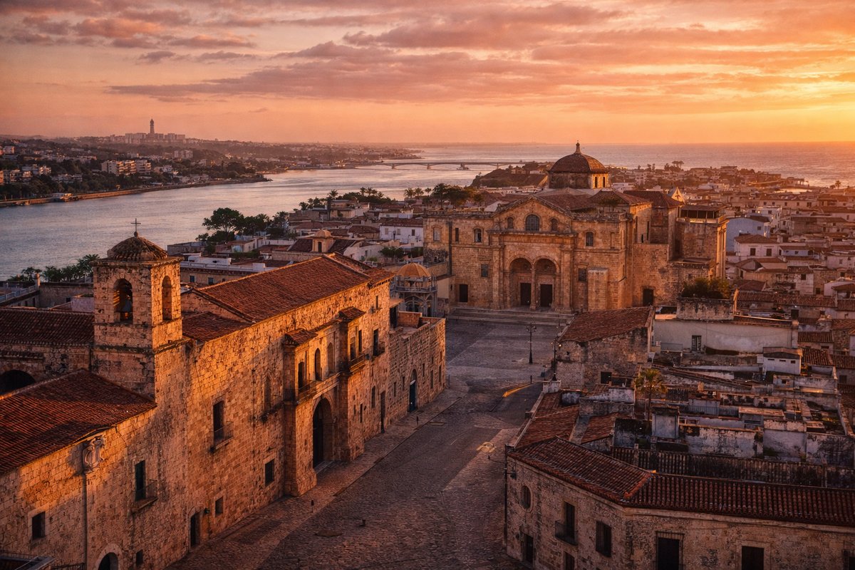 Santo Domingo Zona Colonial at golden hour — coral-stone colonial buildings, Catedral Primada, Caribbean coast